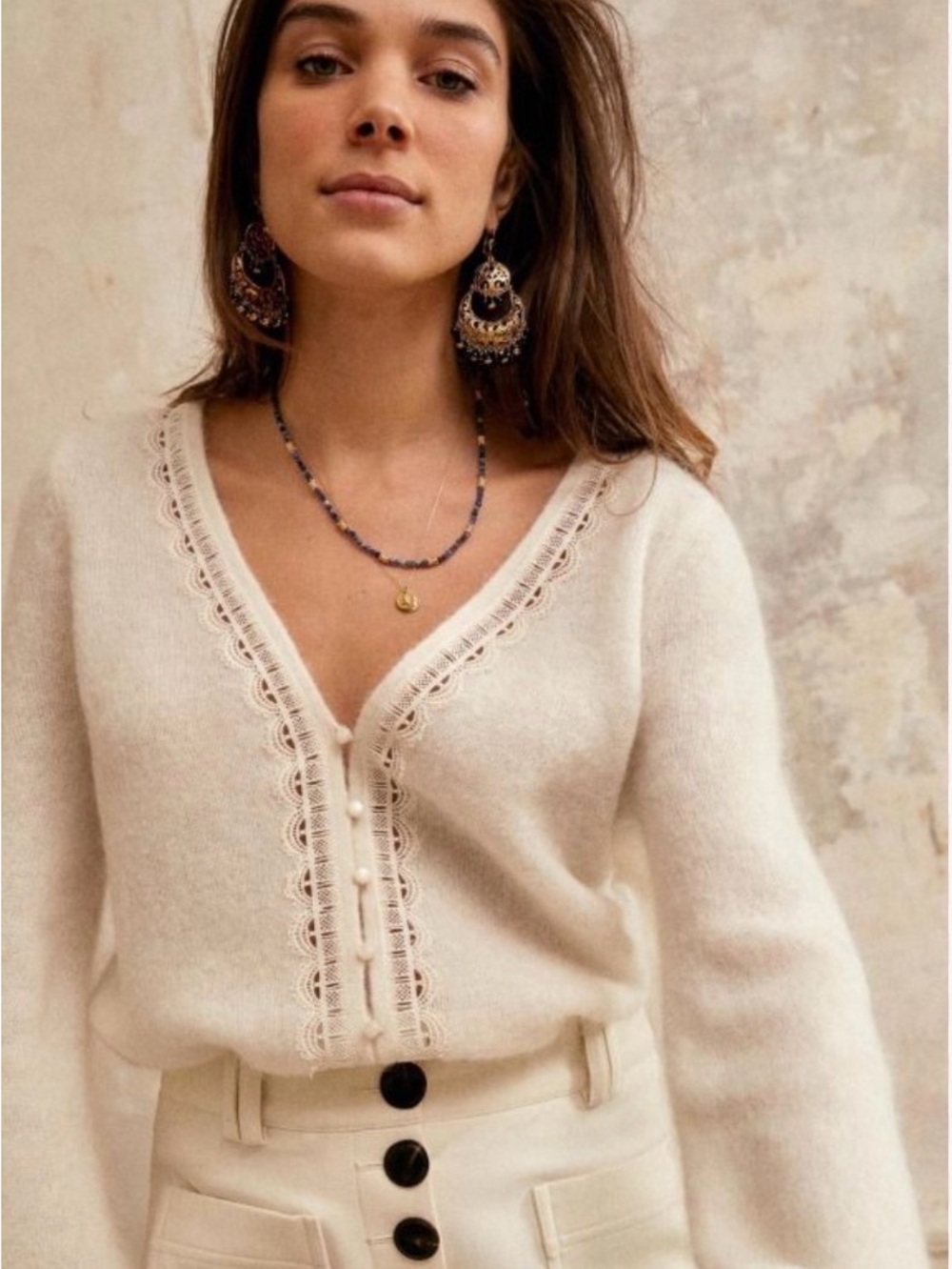 Sezane La Maille Lace-Trim Cream V-Neck Cardigan